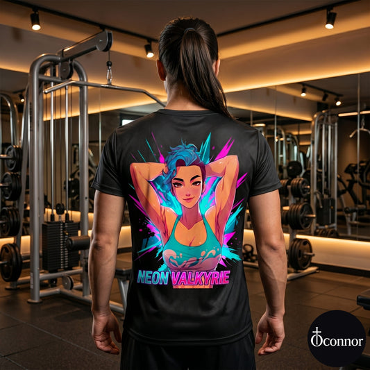 Female athlete wearing Neon Valkyrie anime polyester gym tee in fitness studio - back view showing neon design