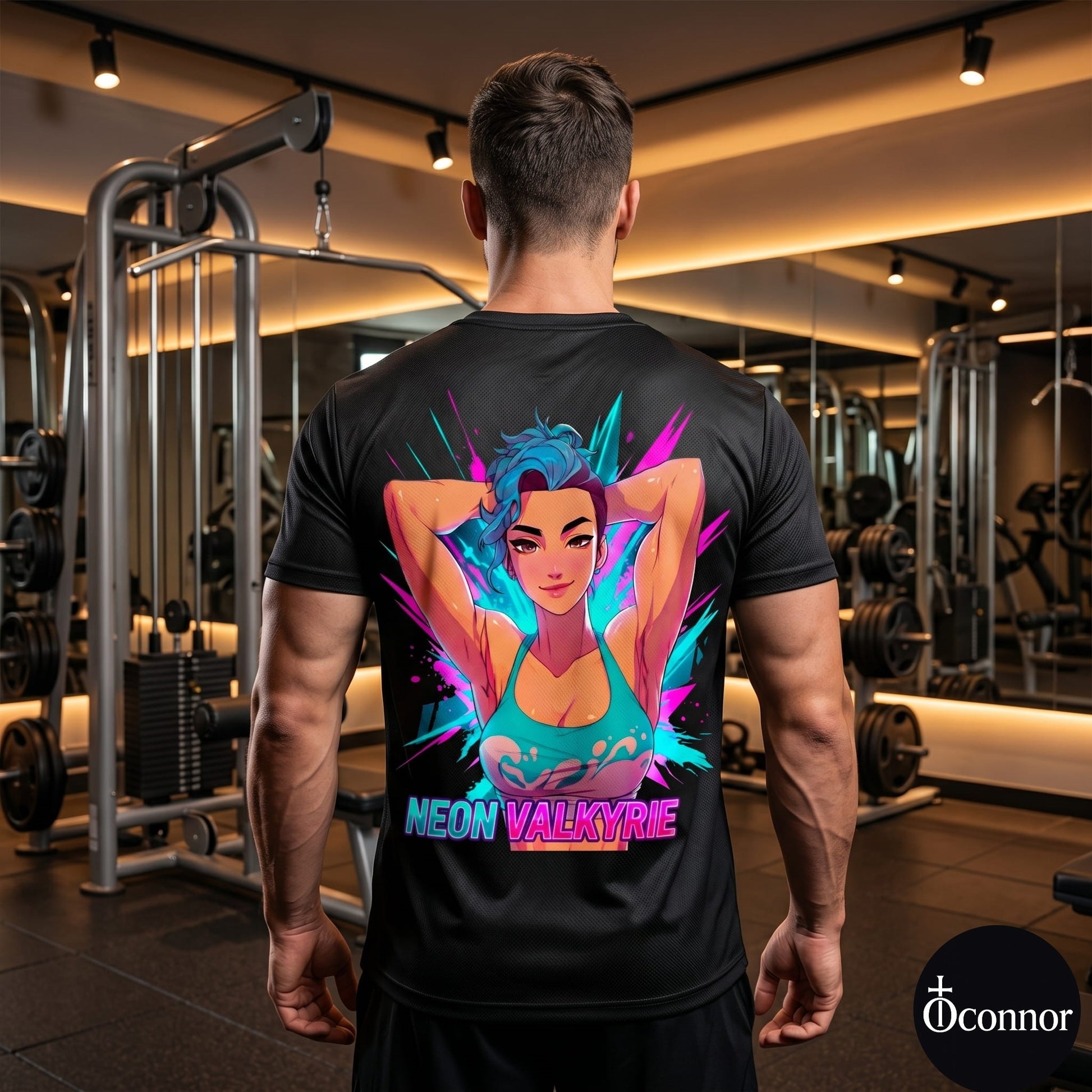 Male athlete wearing Neon Valkyrie anime polyester gym tee in fitness studio - back view showing neon design