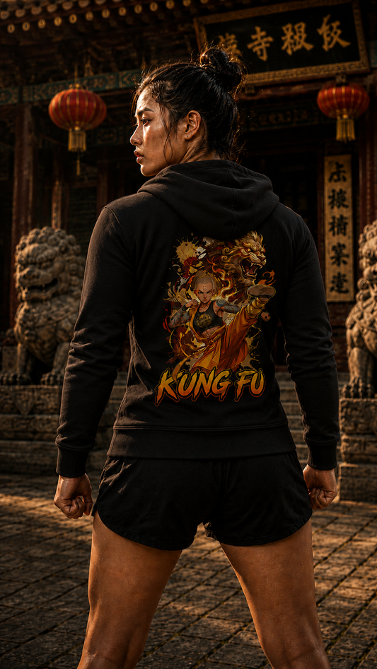 Women wearing Kung Fu anime hoodie - O'Connor Fighters collection