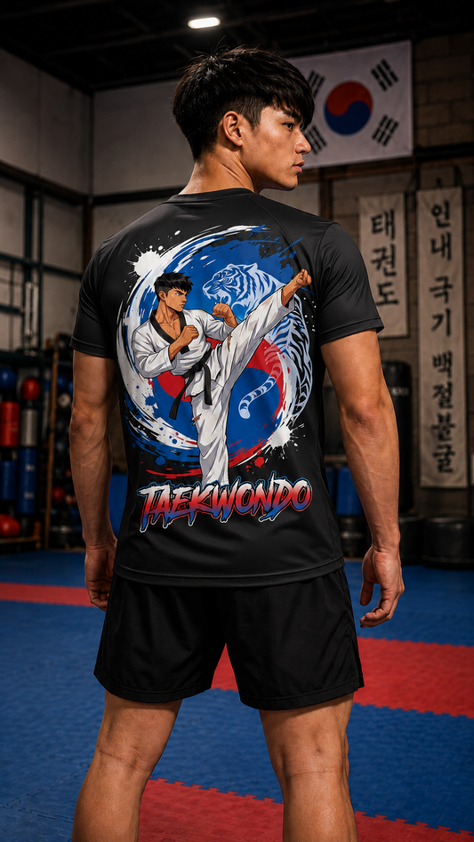 Men wearing Taekwondo anime performance-tee - O'Connor Fighters collection
