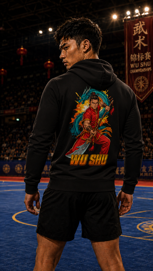 Men wearing Wu Shu anime hoodie - O'Connor Fighters collection