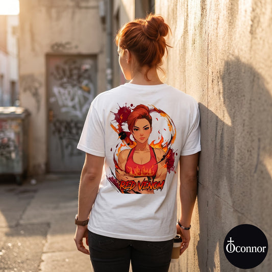 Female model wearing Red Venom white cotton t-shirt seen from behind in urban setting with anime-style elements - O'Connor streetwear