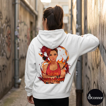 Female model wearing Red Venom white hoodie seen from behind in urban setting with anime-style elements - O'Connor streetwear