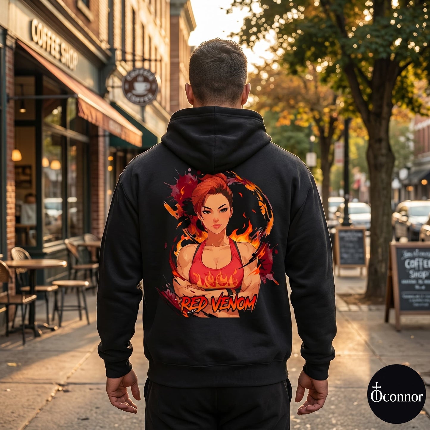 Male model wearing Red Venom black hoodie seen from behind in urban setting with anime-style elements - O'Connor streetwear