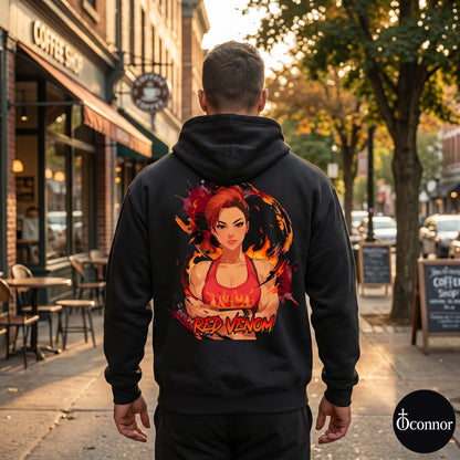 Male model wearing Red Venom black hoodie seen from behind in urban setting with anime-style elements - O'Connor streetwear