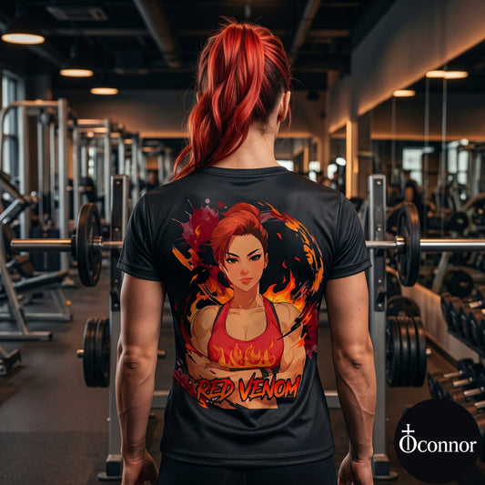 Female athlete wearing Red Venom anime polyester gym tee in fitness studio - back view showing red design