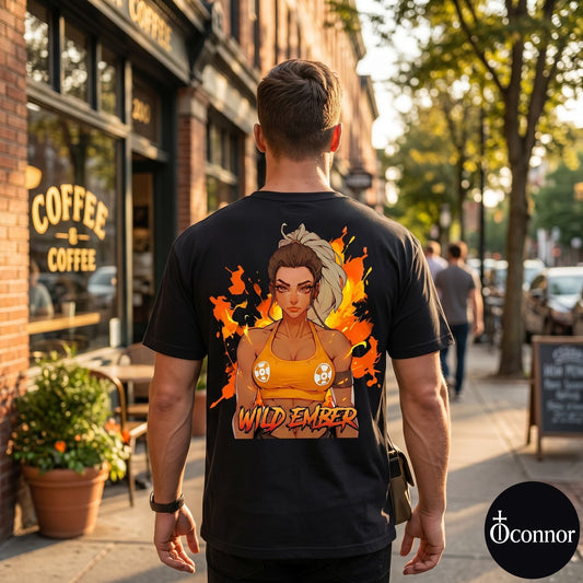 Male model wearing Wild Ember black cotton t-shirt seen from behind in urban setting with anime-style elements - O'Connor streetwear