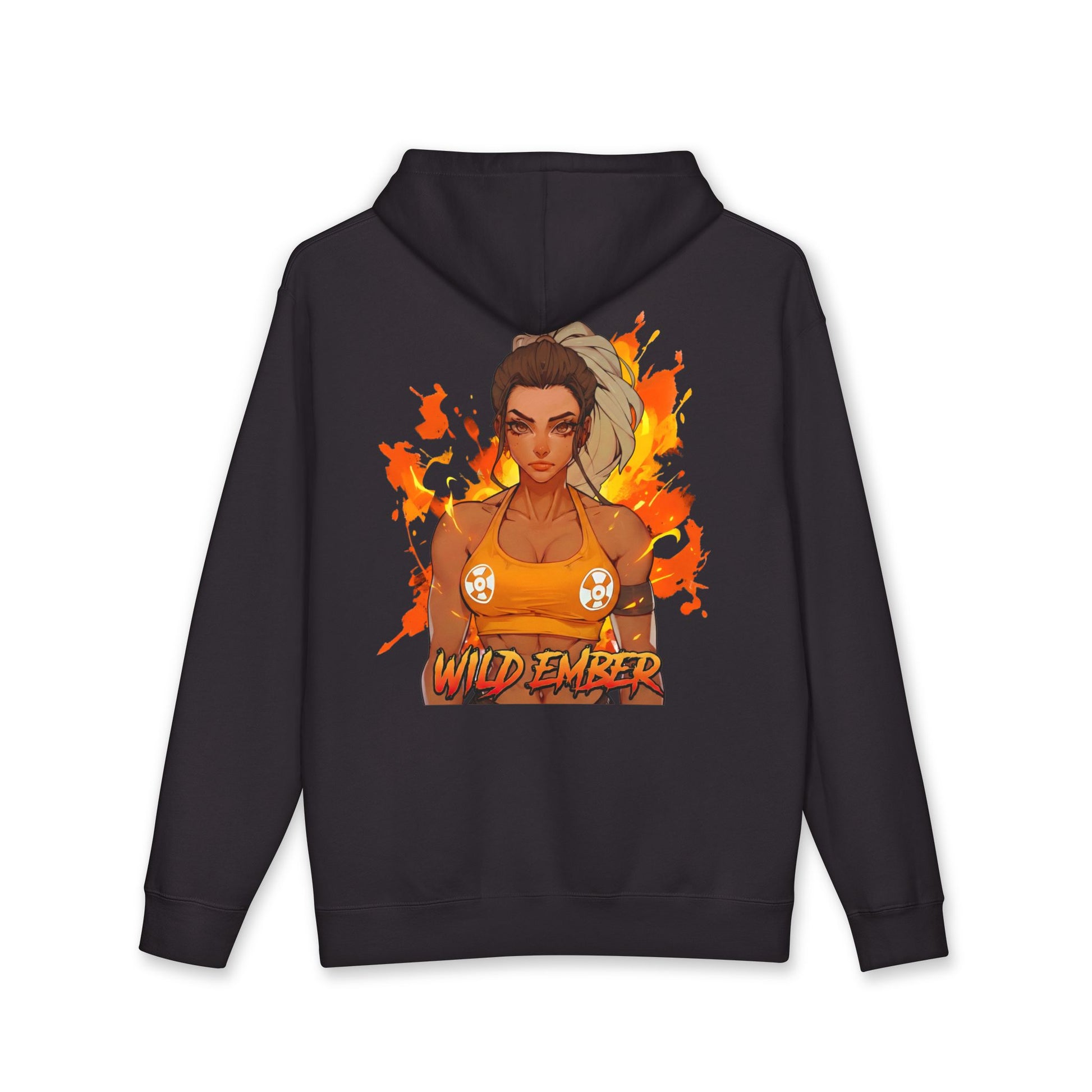 Wild Ember hoodie back view black - fiery orange and red anime design by O'Connor