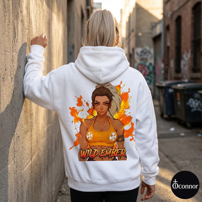 Female model wearing Wild Ember white hoodie seen from behind in urban setting with anime-style elements - O'Connor streetwear