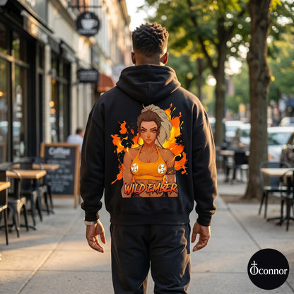 Male model wearing Wild Ember black hoodie seen from behind in urban setting with anime-style elements - O'Connor streetwear