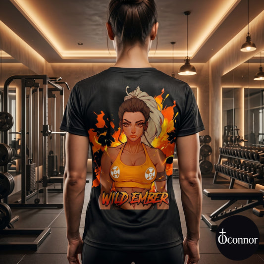Female athlete wearing Wild Ember anime polyester gym tee in fitness studio - back view showing orange design